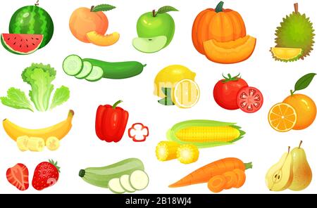 Sliced foods. Chopped vegetables and sliced fruit. Chop vegetable, fruits and berries slice cartoon vector illustration set Stock Vector