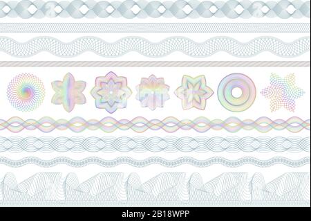 Guilloche patterns. Bank money security, banknotes seamless engraving and banking secure border. Banknote protective pattern vector set Stock Vector