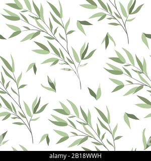 Seamless pattern with branches of a willow on a white background. Vector illustration Stock Vector