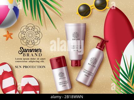 Summer cosmetic products vector template. Sun protection cosmetic products with sunscreen and sunblock containers in beach sand background design. Stock Vector