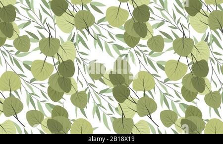 Seamless horizontal pattern with branches of a willow and eucalyptus on a white background. Vector illustration Stock Vector