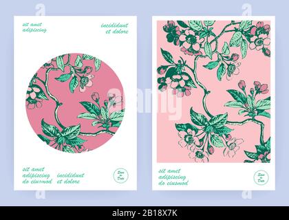 Hand drawn sakura pink blossom flowers and leaves on branches on white background, vintage style pastel color vector illustration, Botanical drawing c Stock Vector