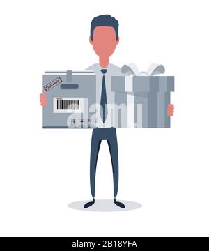 Businessman or clerk. Male character in trendy simple style with objects, flat vector illustration. Stock Vector