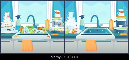 Washing dishes in sink. Dirty dish in kitchen, clean plates and messy dinnerware cartoon vector illustration Stock Vector