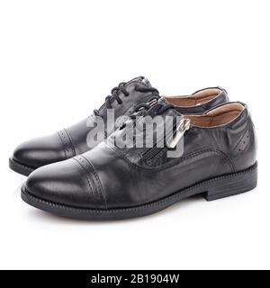 Black men's leather shoes isolated on white. Stock Photo