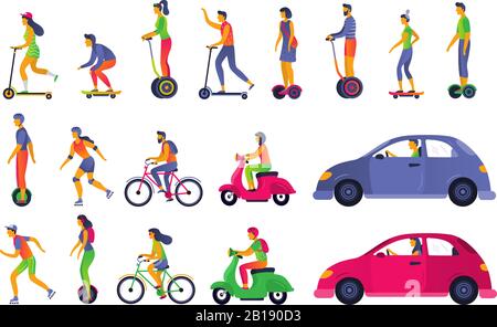 People on city transport. Electric scooter hoverboard, segway and roller skates. Town vehicle and transport car vector illustration Stock Vector