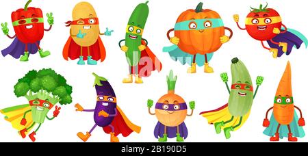 Superhero vegetables. Super cucumber, hero mask on pumpkin and vegetable food with superheroes cloak cartoon vector illustration set Stock Vector