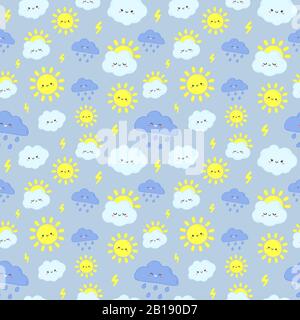 Cute rain sky pattern. Smiling happy sun, thunderclouds with lightning and rainy day clouds seamless vector illustration Stock Vector