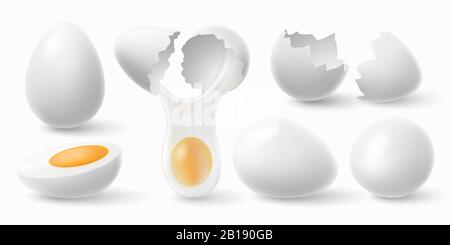 Chicken eggs. White easter egg, cracked eggshell and boiled egg 3d realistic vector illustration set Stock Vector