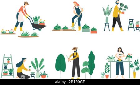 People gardening. Woman planting gardens flowers, agriculture gardener hobby and garden job flat vector illustration set Stock Vector