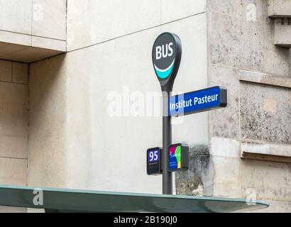 Pasteur institute bus stop sign in Paris Stock Photo