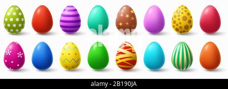 Colorful easter eggs. Holiday chicken egg decor, easter patterns realistic isolated vector illustration set Stock Vector