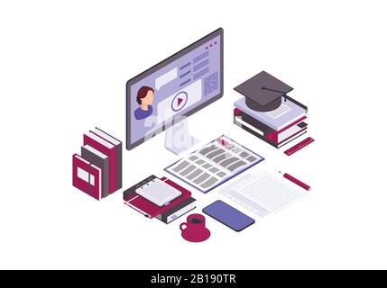 Distance education isometric composition with teacher explaining ...