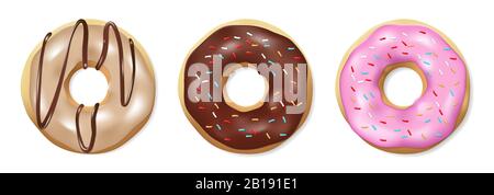 Set of donuts isolated on white. Tasty colorful and glossy donuts with pink and chocolate glaze. Realistic round doughnut vector illustration. Stock Vector