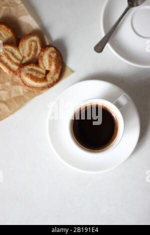 Overhead View of Breakfast Table Set of Coffee and Puff Pastries. Stock Photo
