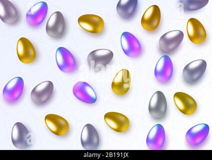 Happy easter with easter holographic, gold and silver eggs. Horizontal template for products, advertizing, web banners, leaflets, certificates and Stock Vector