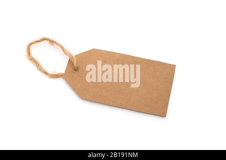 Price, discount or information tag on recycled paper with a hanging string. isolated on white Stock Photo