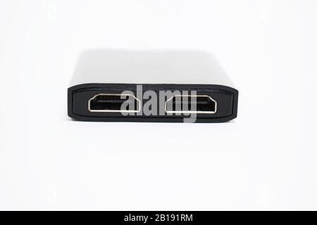 Side view of a black HDMI cable which have two similar port to connect wire ,and placed over a white background Stock Photo