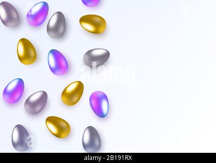 Basic RGBHappy easter with easter holographic, gold and silver eggs. Horizontal template for products, advertizing, web banners, leaflets Stock Vector