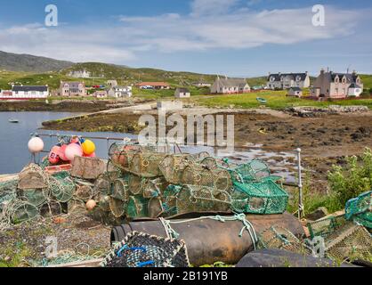 Fishing equipment on the coast of Scalpay a tiny island 300 metres from the Isle of Harris, Outer Hebrides, Scotland Stock Photo