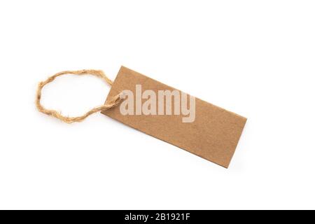 Price, discount or information tag on recycled paper with a hanging string. isolated on white Stock Photo