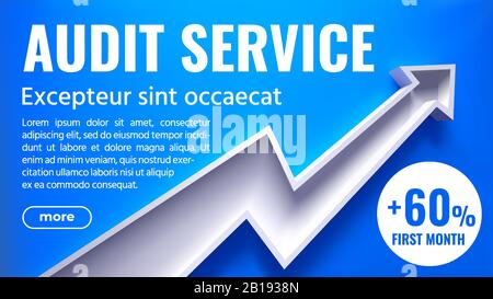 Audit Service - Graphic Grow Banner with 3d Arrow. Creative Vector Illustration on Blue Background with Shadows. Art Design Business Presentation Layout Template. Abstract Concept Chart Element. Stock Vector