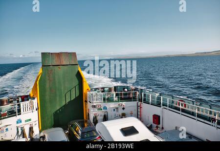 Car deck Caledonian MacBrayne ferry crossing the Minch from Tarbert on the Isle of Harris to Uig on the Isle of Skye, Scotland Stock Photo