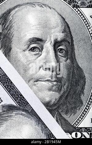Benjamin Franklin portrait on hudred dollar bill close-up. Stock Photo
