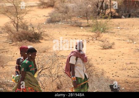 Marsabit, Kenya - January 16, 2015: African men from the Samburu tribe (related to the Masai tribe) in national jewelery. Stock Photo