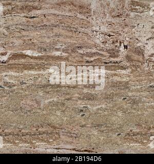 Wall of travertine with stone layers of different colors. Seamless square background, tile ready. Stock Photo