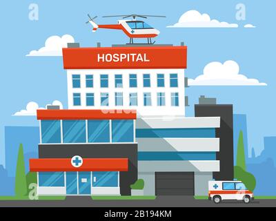 Cartoon hospital building. Emergency clinic, urgent medical help helicopter and ambulance car. Infirmary center vector illustration Stock Vector