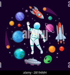 Cartoon astronaut in space. Spaceman rocket, stary ufo spaceship and planets vector illustration Stock Vector