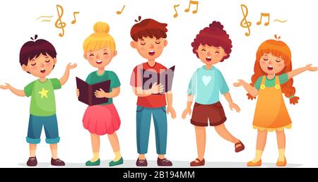 Singing kids. Music school, kid vocal group and children choir sing cartoon vector illustration Stock Vector