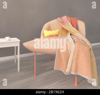 3D render of a modern room in day light, with grey hand-painted wall and modern designer sofa chair, colored pinkish-orange. Stock Photo