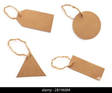 Various Price, discount or information tags on recycled paper with a hanging string. isolated on white Stock Photo