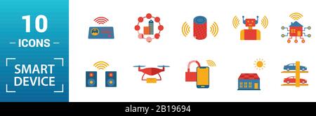 Smart Devices icon set. Include creative elements drone, smart car, smart house, solar battery roof, smart speaker icons. Can be used for report Stock Vector