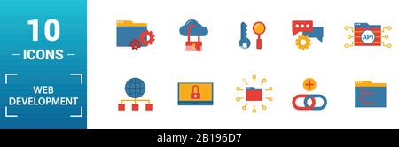Web Development icon set. Include creative elements key search, seo, cloud storage, cloud management, network connection icons. Can be used for report Stock Vector
