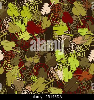 Seamless pattern of a tank military vehicle and a target on a dark background. Vector image Stock Vector