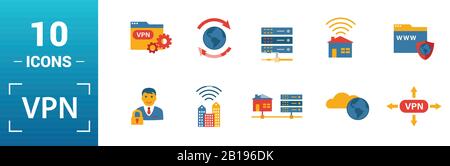 Vpn icon set. Include creative elements , archiving, site security, home server, cloud storage hacking icons. Can be used for report, presentation Stock Vector