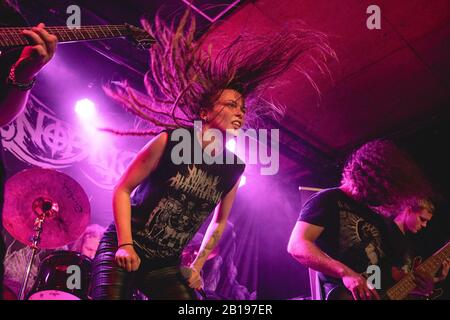 Bergen, Norway. 13th, September 2019. The Danish extreme metal band Xenoblight performs a live concert at Inside in Bergen. Here vocalist Marika Hyldmar is seen live on stage. (Photo credit: Gonzales Photo - Jarle H. Moe). Stock Photo