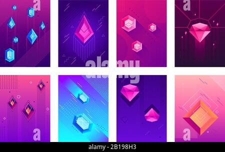 Abstract crystals poster. Precious jewel crystal stones, jewels diamond gems and hipster gem posters isolated vector background set Stock Vector