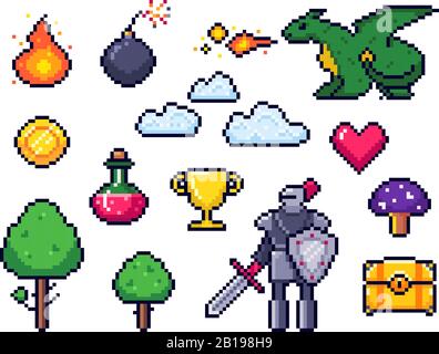 Pixel game elements. Pixelated warrior and 8 bit pixels dragon. Retro games clouds, trees and icons vector set Stock Vector