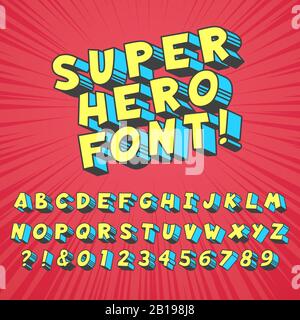 Super hero comics font. Comic graphic typography, funny supers heros alphabet and creative fonts letters symbol vector set Stock Vector