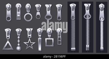 Zipper pulls. Metal zippers and fabric pull, cloth clasp and clothing zipper isolated 3d realistic vector set Stock Vector