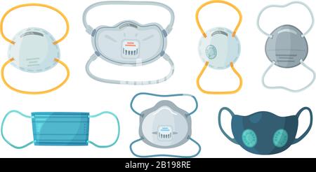 Safety breathing masks. Industrial safety N95 mask, dust protection respirator and breathing medical respiratory mask vector set Stock Vector