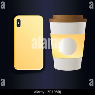 Vector mock up smartphone case and coffee cup - trending branding yellow print Stock Vector