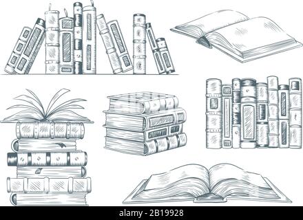 Books engraving. Vintage open book engrave sketch drawn. Hand drawing student reading textbook vector illustration