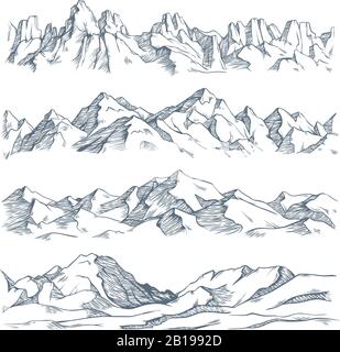 Mountains landscape engraving. Vintage hand drawn sketch of hiking or climbing on mountain. Nature highlands vector illustration Stock Vector