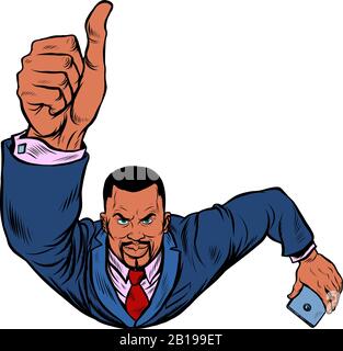 African businessman with a smartphone like, thumbs up. Flying like a superhero Stock Vector