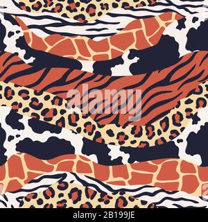 Mixed animal skin print. Safari textures mix, leopard, zebra and tiger skins patterns. Luxury animals texture seamless vector pattern Stock Vector